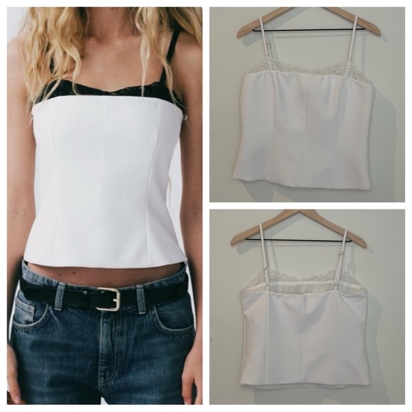Zara White Fitted Corset Milkmaid Cropped Top with Lace Trim - Picture 1 of 12